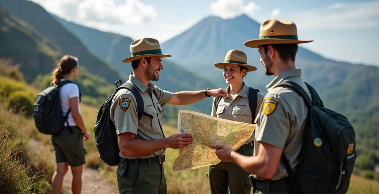 Agents du Parc national de La Réunion en mission de sensibilisation sur un sentier de montagne