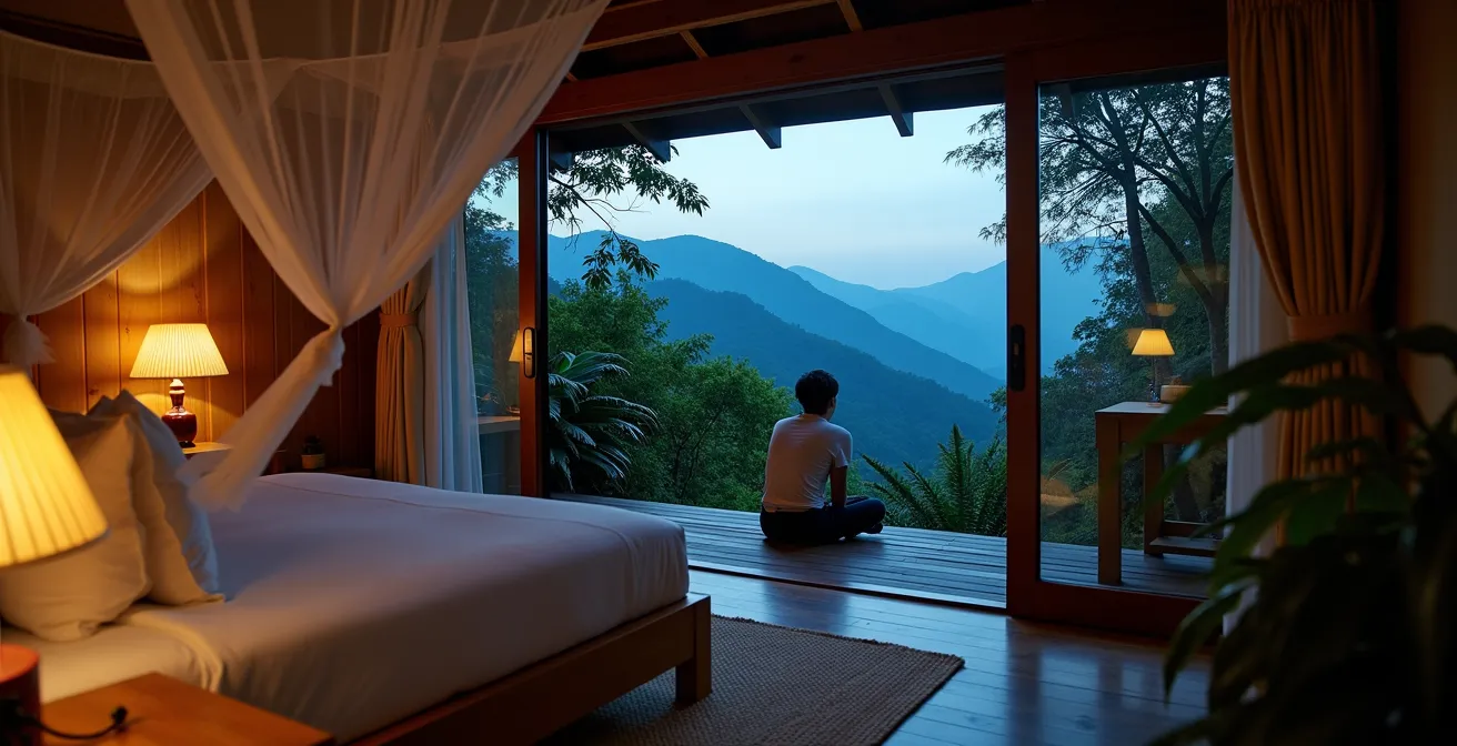 Intérieur d'un lodge de luxe la nuit avec terrasse ouverte sur la forêt tropicale réunionnaise