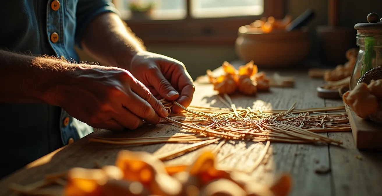Gros plan sur des mains d'artisan tressant des feuilles de vacoa séchées