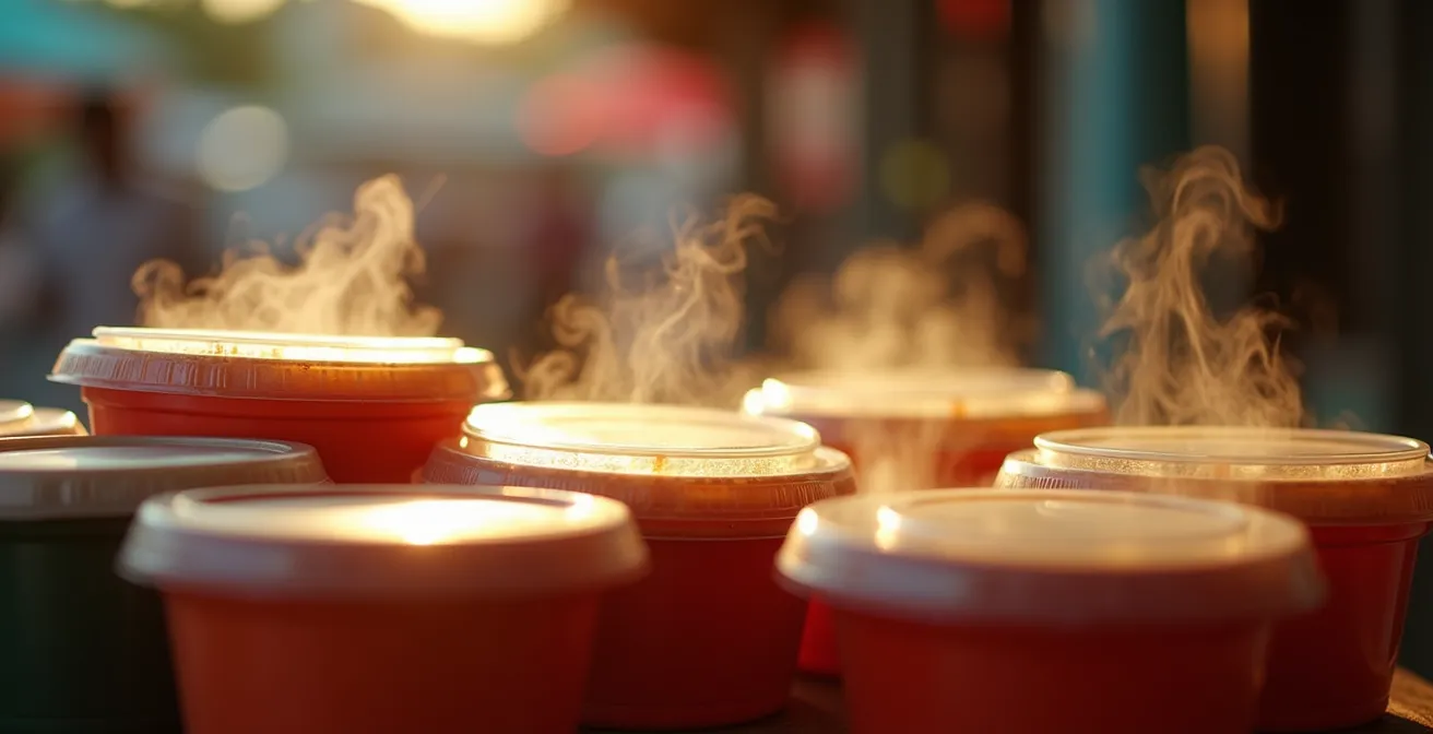 Barquettes créoles colorées exposées sur un étal de marché local