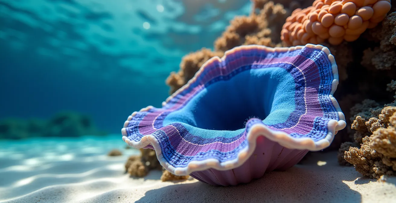 Plongeur en snorkeling observant un bénitier géant à distance respectueuse dans le lagon