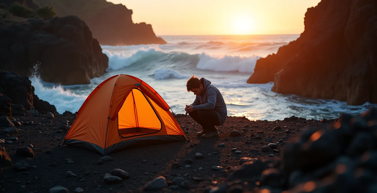 Campement minimaliste installé discrètement dans une crique du Sud Sauvage au crépuscule