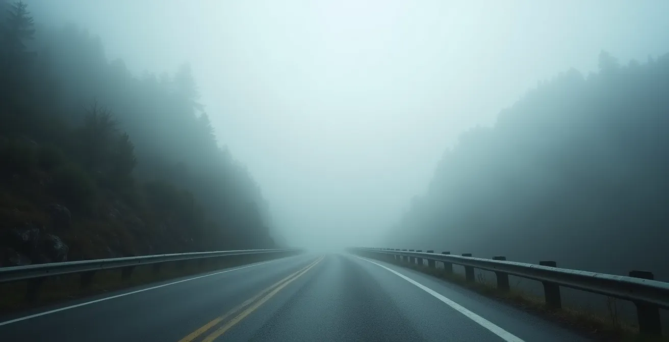 Route de montagne disparaissant dans un épais brouillard l'après-midi