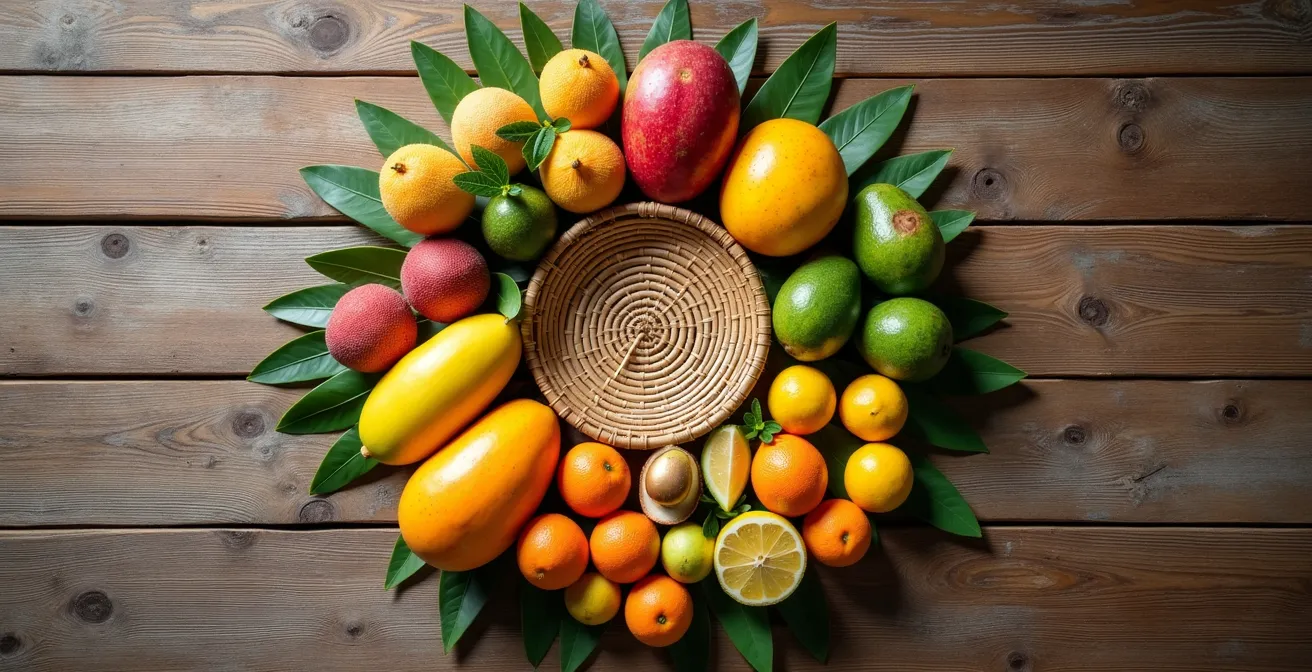 Calendrier circulaire des fruits de saison à La Réunion avec les letchis en décembre