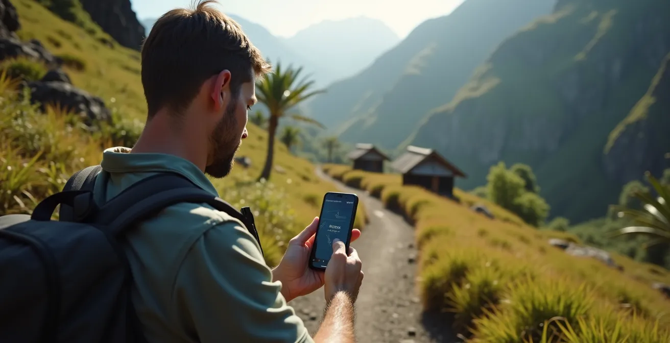 Randonneur consultant son smartphone GPS dans le cirque de Mafate