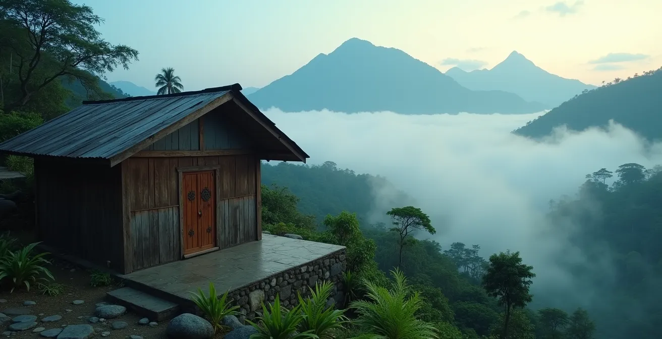 Case créole traditionnelle dans les Hauts de Cilaos entourée de brume matinale