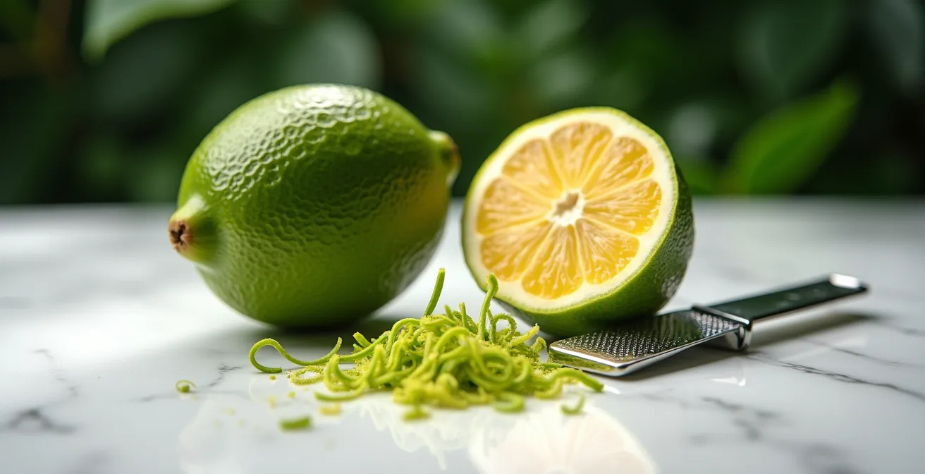 Vue rapprochée comparative du combava bosselé et du citron galet lisse avec technique de zeste