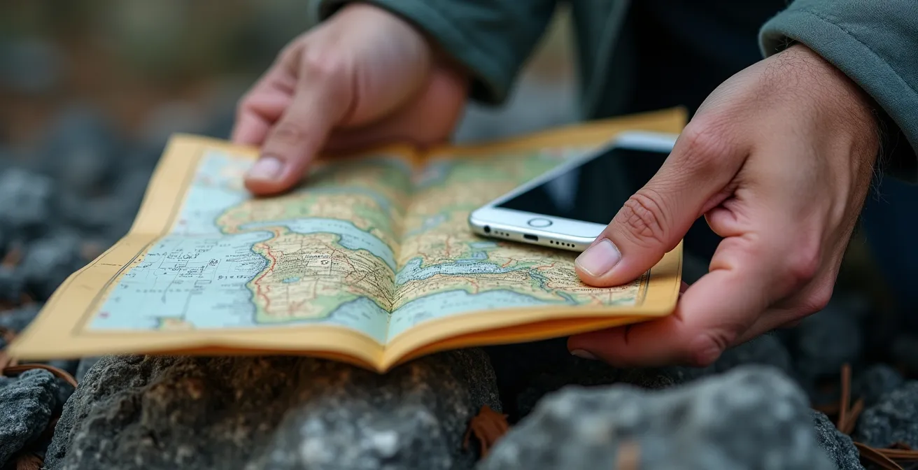 Mains de randonneur tenant une carte IGN papier dépliée avec un téléphone posé sur un rocher volcanique, végétation tropicale en arrière-plan
