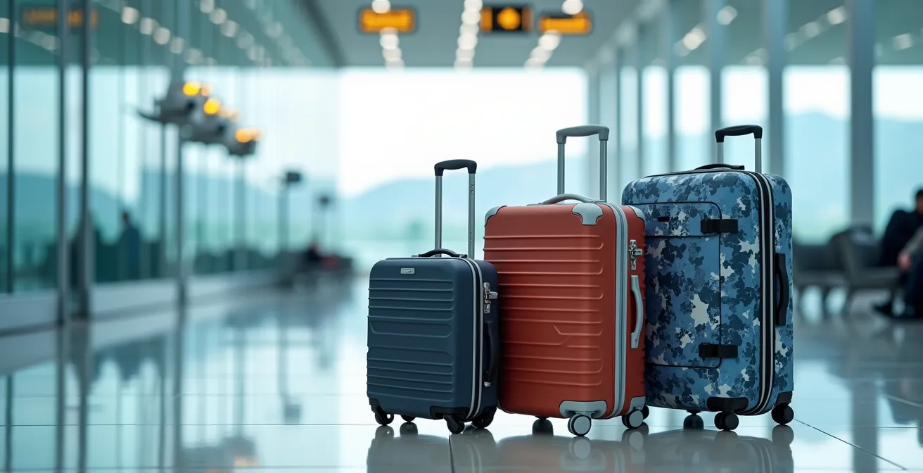 Valises de différentes tailles alignées dans un hall d'aéroport moderne