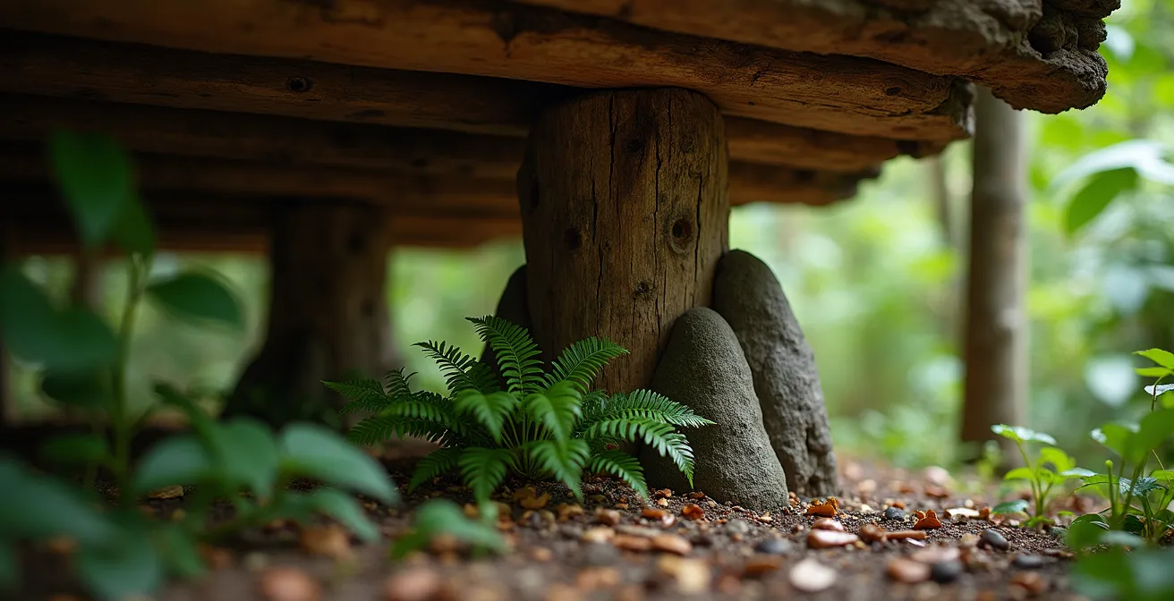 Vue en contre-plongée d'un lodge sur pilotis montrant la préservation du sol forestier en dessous