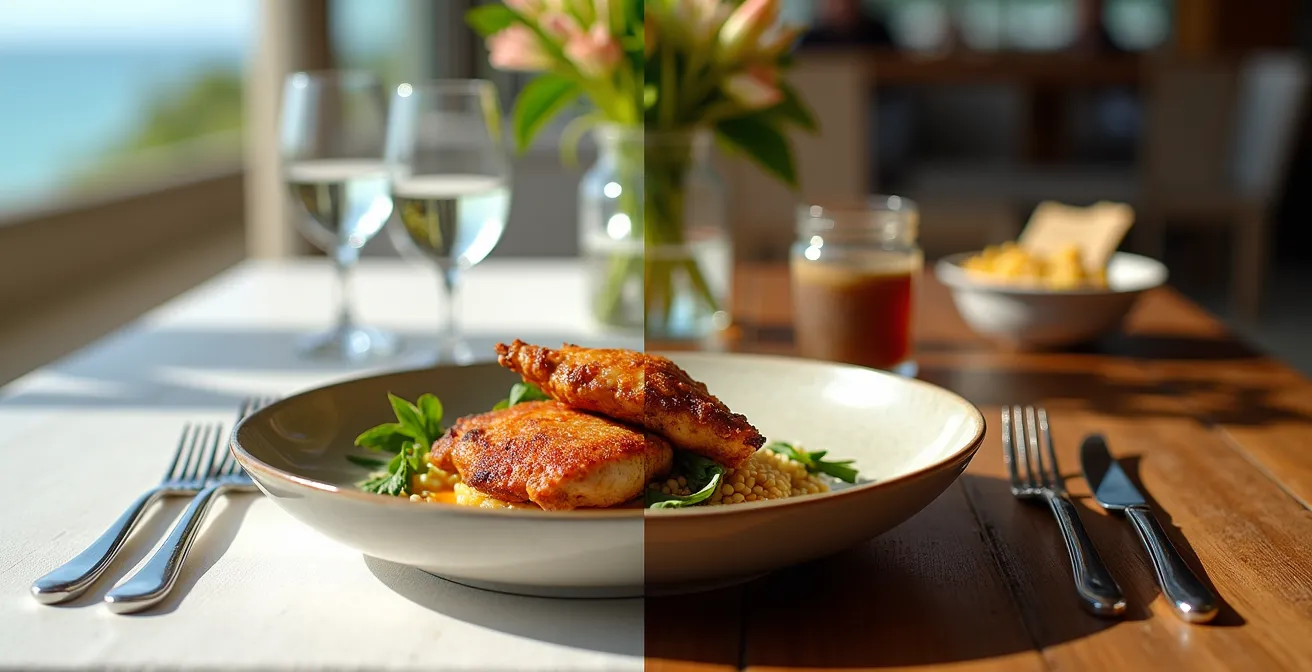 Composition symbolique montrant le contraste entre restauration touristique et locale