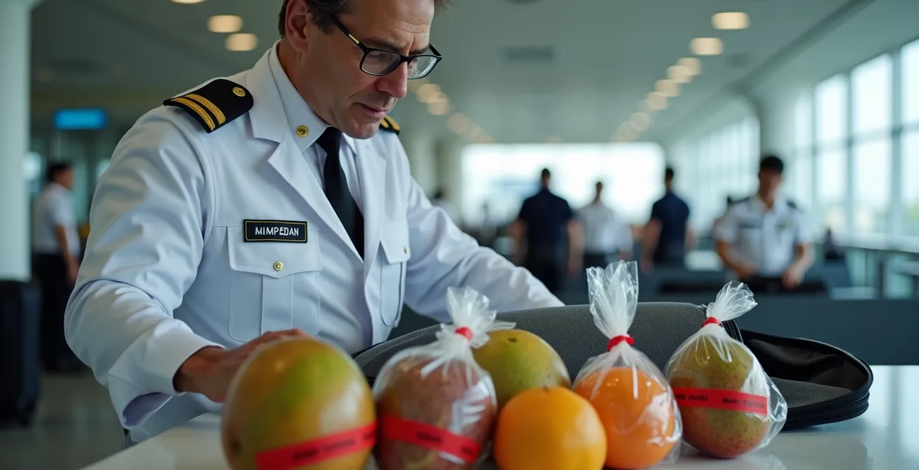 Agent de la DAAF contrôlant des bagages avec des fruits tropicaux confisqués à l'aéroport