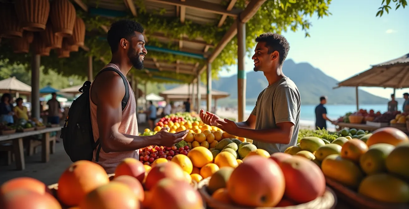 Échange authentique entre un touriste et un vendeur au marché de Saint-Paul parlant créole