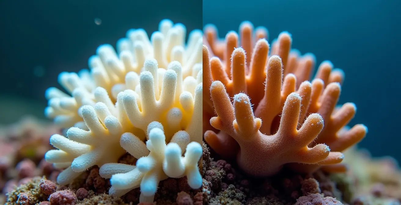 Comparaison entre un corail blanchi et un corail sain dans le lagon de La Réunion