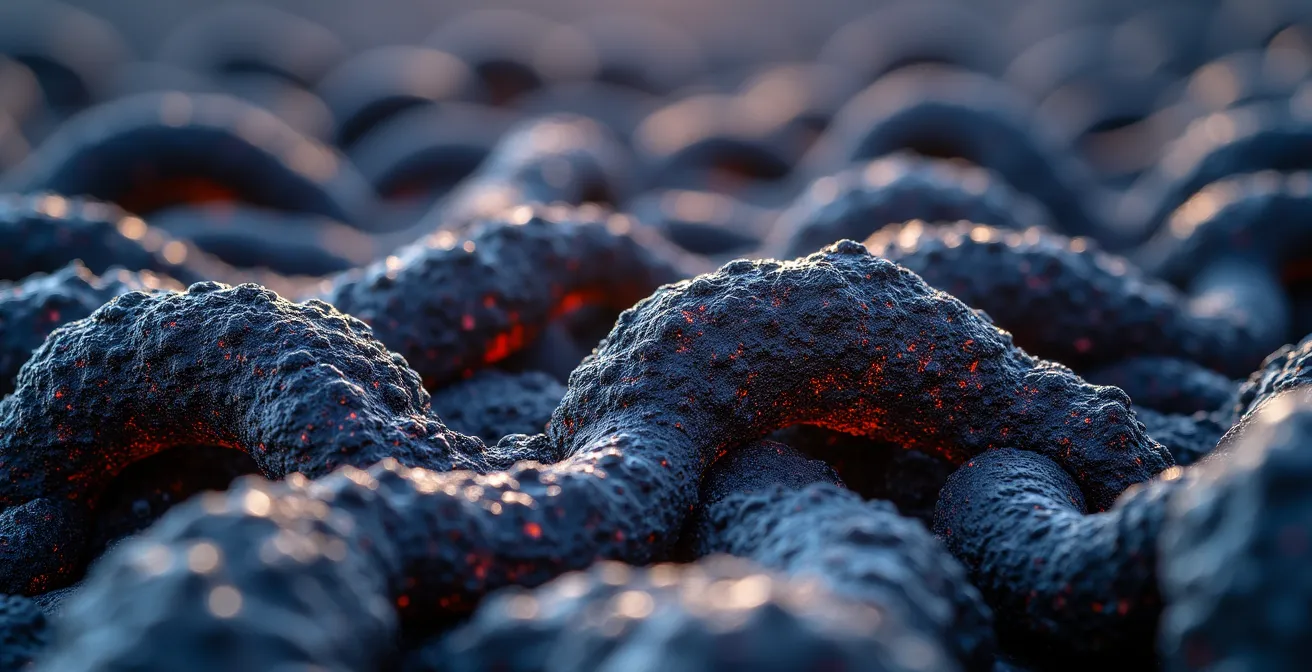 Détail macro de la texture de lave solidifiée avec ses bulles et formations cristallines caractéristiques