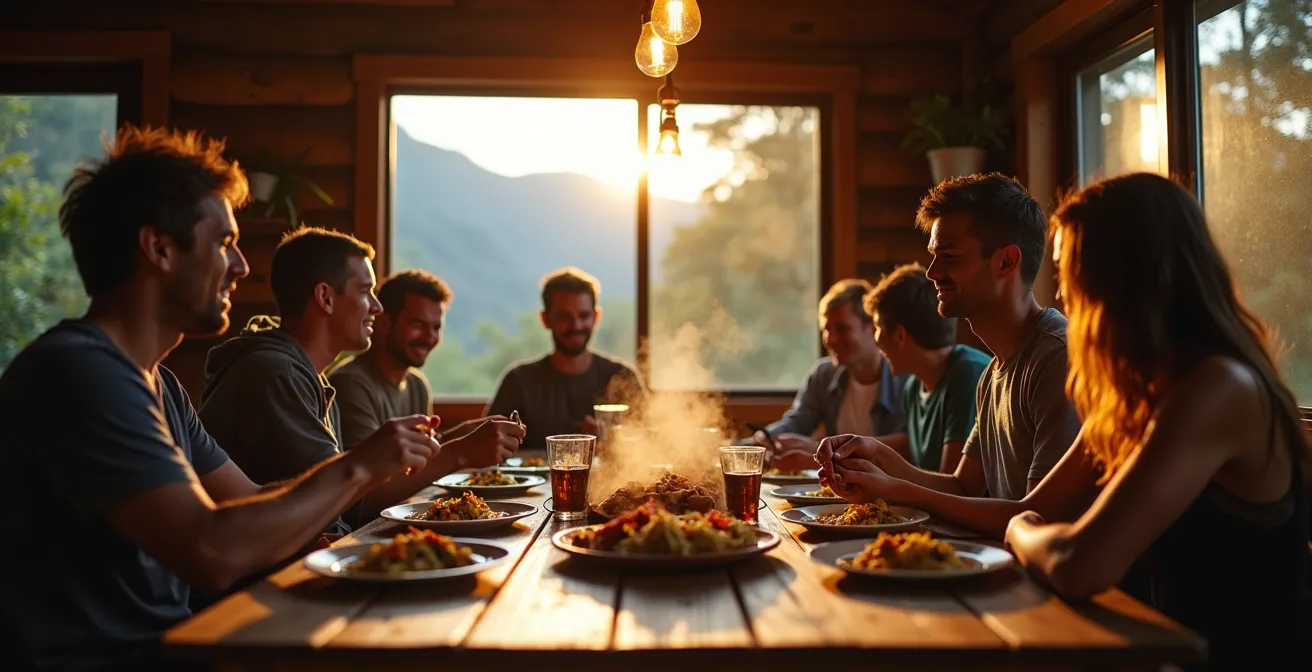Randonneurs réunis autour d'une table en bois dans un gîte de montagne à La Réunion à l'heure dorée