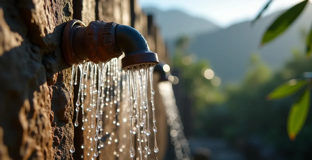 Installation de douche solaire extérieure avec réservoir noir sur le toit d'un gîte de montagne tropical