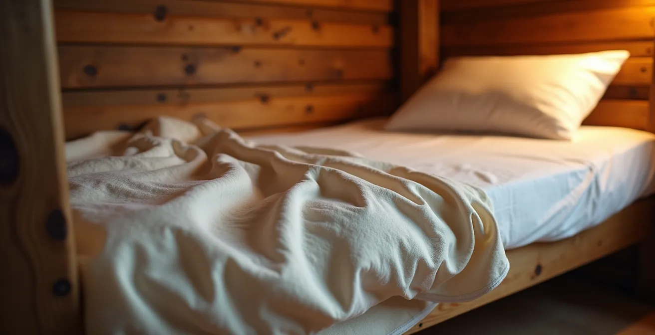 Drap de sac en soie posé sur un lit de gîte avec équipement de randonnée