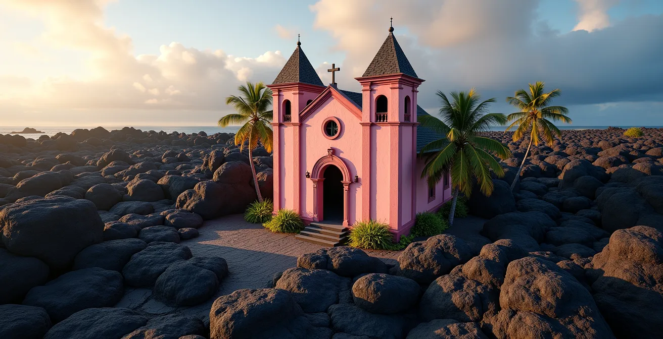 L'église Notre-Dame-des-Laves de Sainte-Rose entourée de lave solidifiée noire