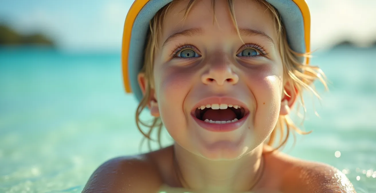 Portrait d'un enfant émerveillé portant un masque de plongée dans les eaux peu profondes