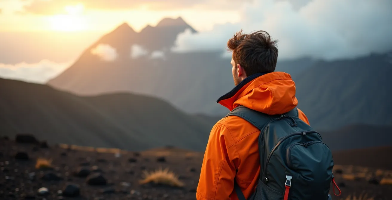 Randonneur équipé du système trois couches face au Piton de la Fournaise