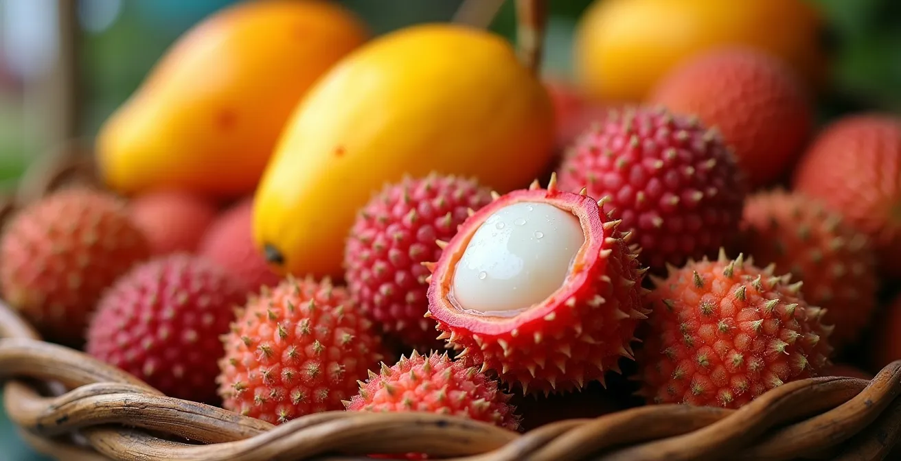 Étal coloré de fruits tropicaux avec letchis et mangues sur un marché de bord de route à La Réunion