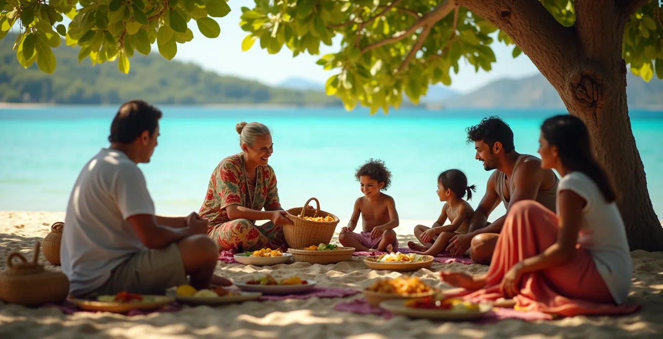 Famille créole installée pour un pique-nique sous les filaos au bord du lagon turquoise, avec vue sur les montagnes en arrière-plan