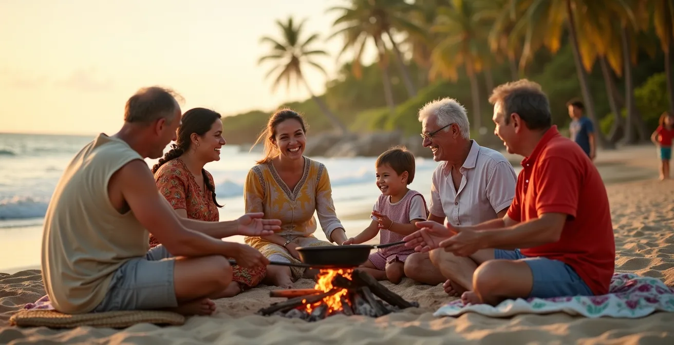 Famille multigénérationnelle réunionnaise autour d'une marmite sur la plage