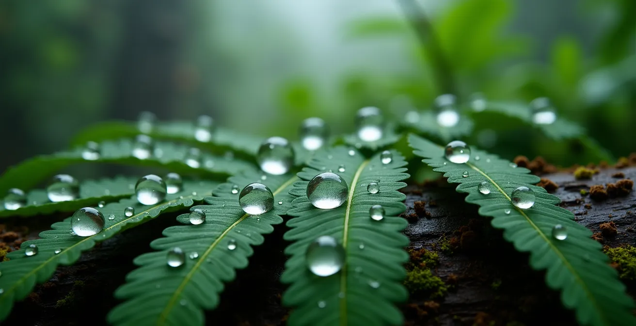 Forêt tropicale humide de l'Est sous la brume avec végétation luxuriante