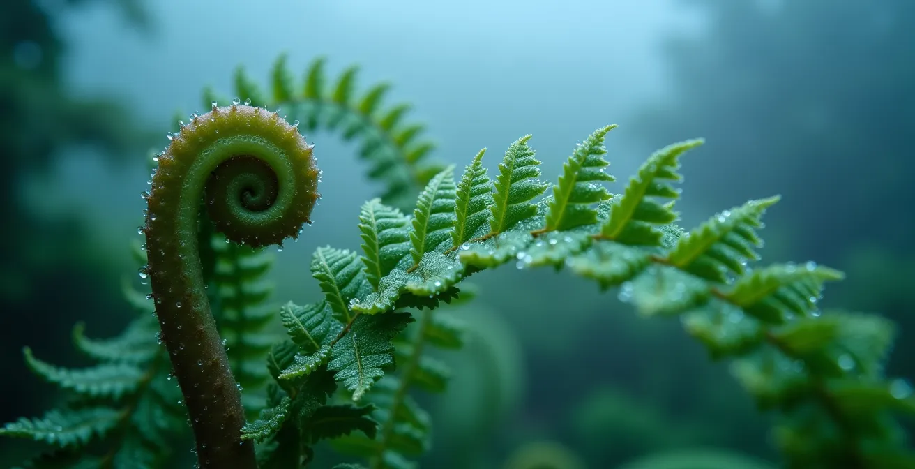 Vue brumeuse et fraîche de la Plaine des Palmistes avec ses fougères arborescentes dans la brume matinale