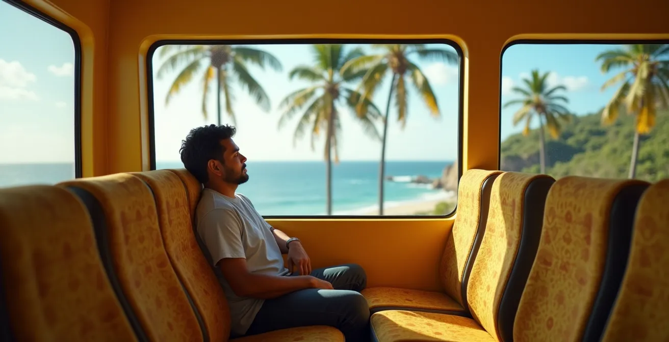 Intérieur spacieux d'un car jaune moderne avec sièges libres pendant les heures creuses à La Réunion