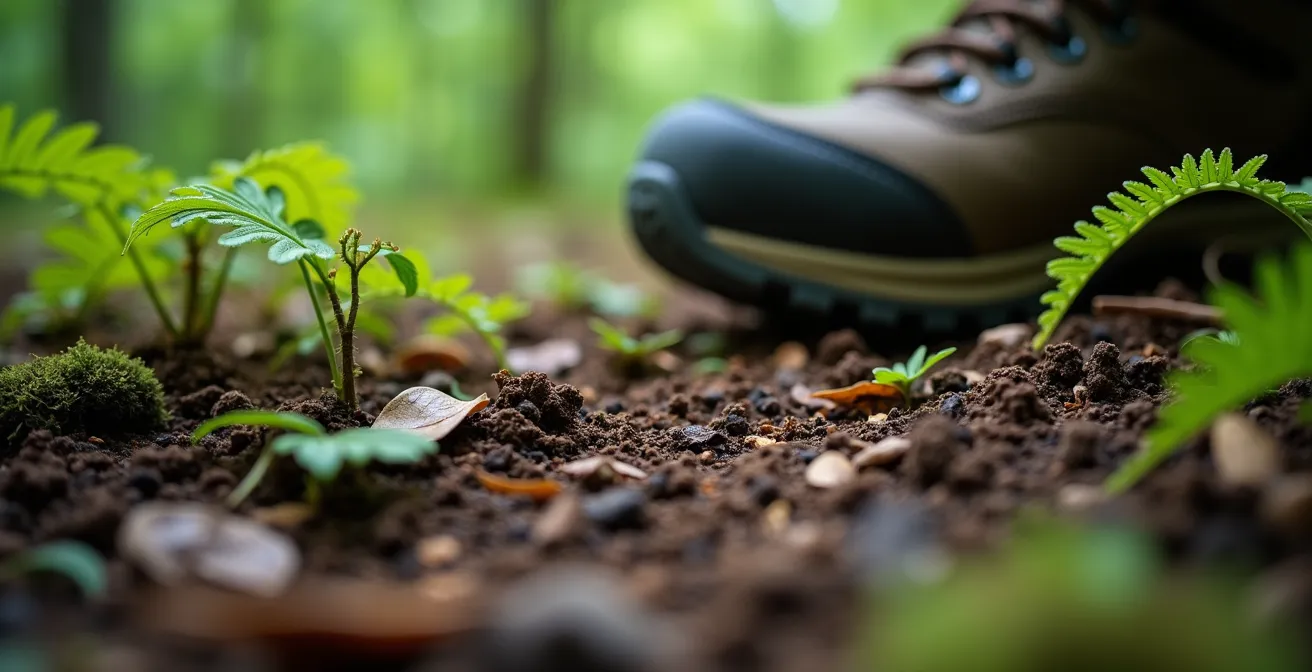 Gros plan sur l'inspection minutieuse du sol avant installation de la tente