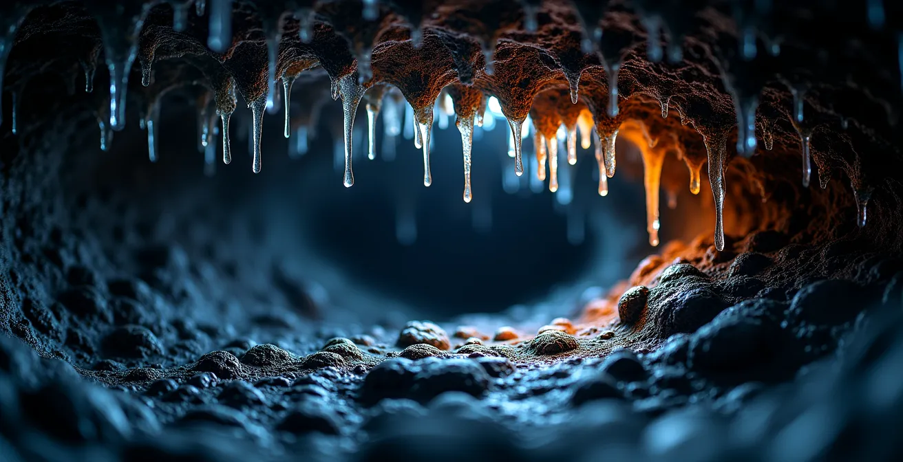 Intérieur d'un tunnel de lave avec formations de stalactites de basalte