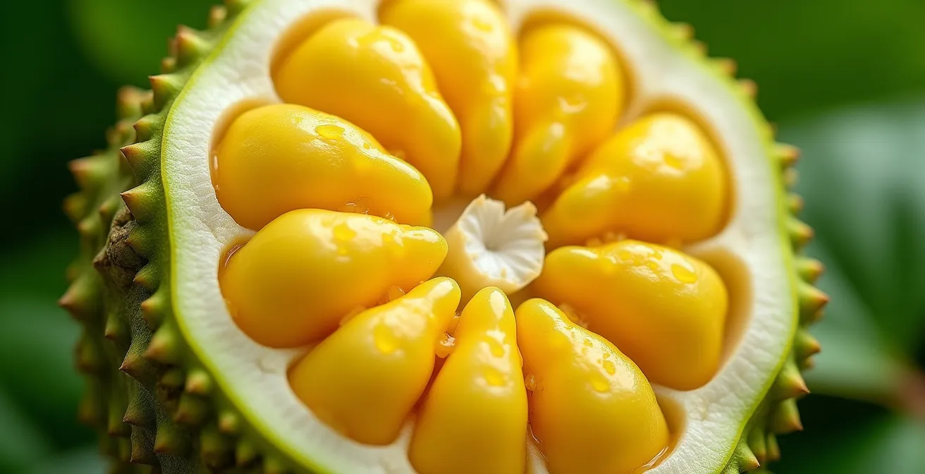 Coupe transversale d'un jacque vert montrant la structure alvéolée de sa chair jaune pâle