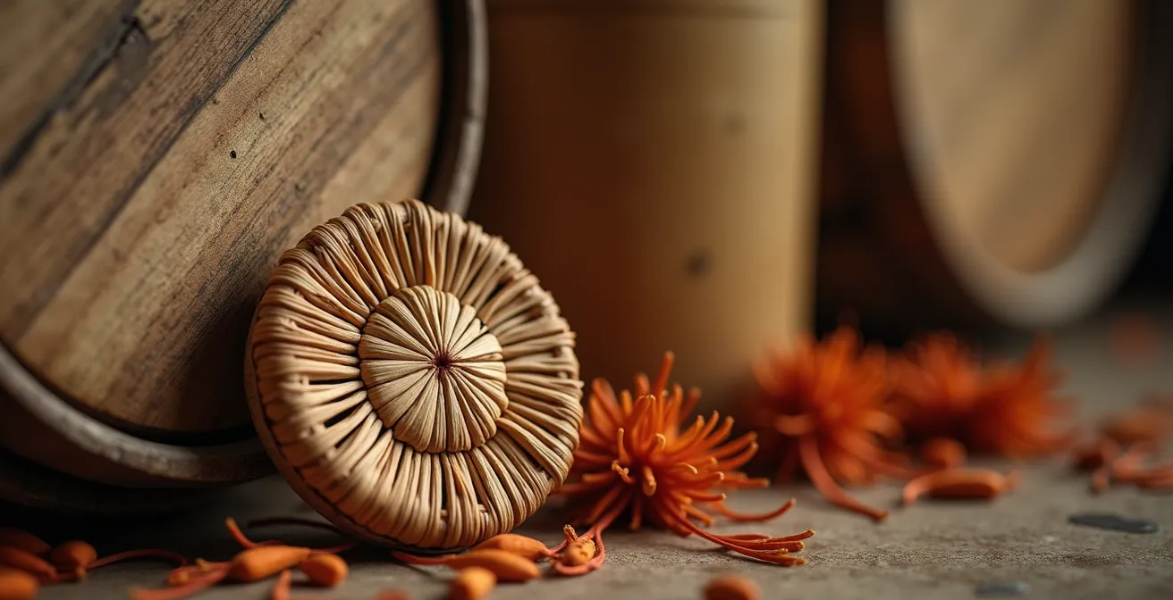 Gros plan sur un kayamb traditionnel fait de tiges de fleur de canne avec ses graines, posé sur un roulèr