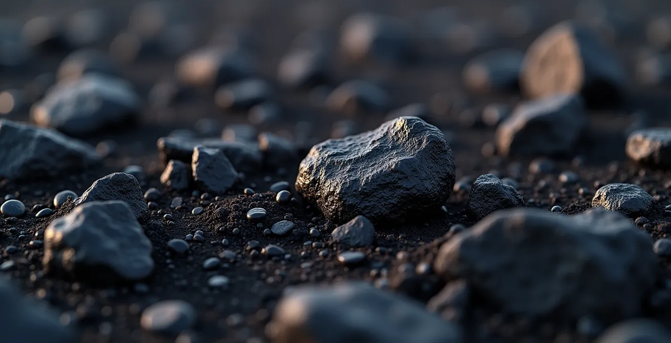 Détail rapproché des scories noires et lapillis rouges volcaniques de la Plaine des Sables