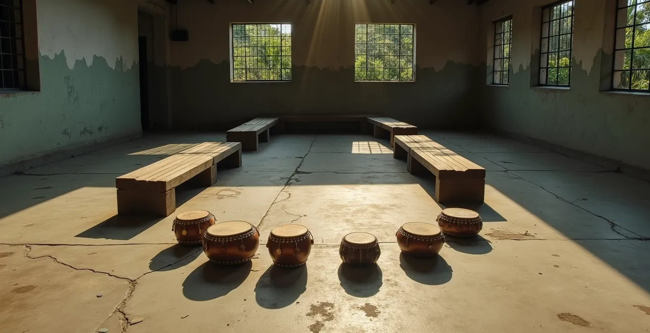 Scène de rassemblement populaire réunionnais avec tambours traditionnels dans une ambiance de résistance culturelle