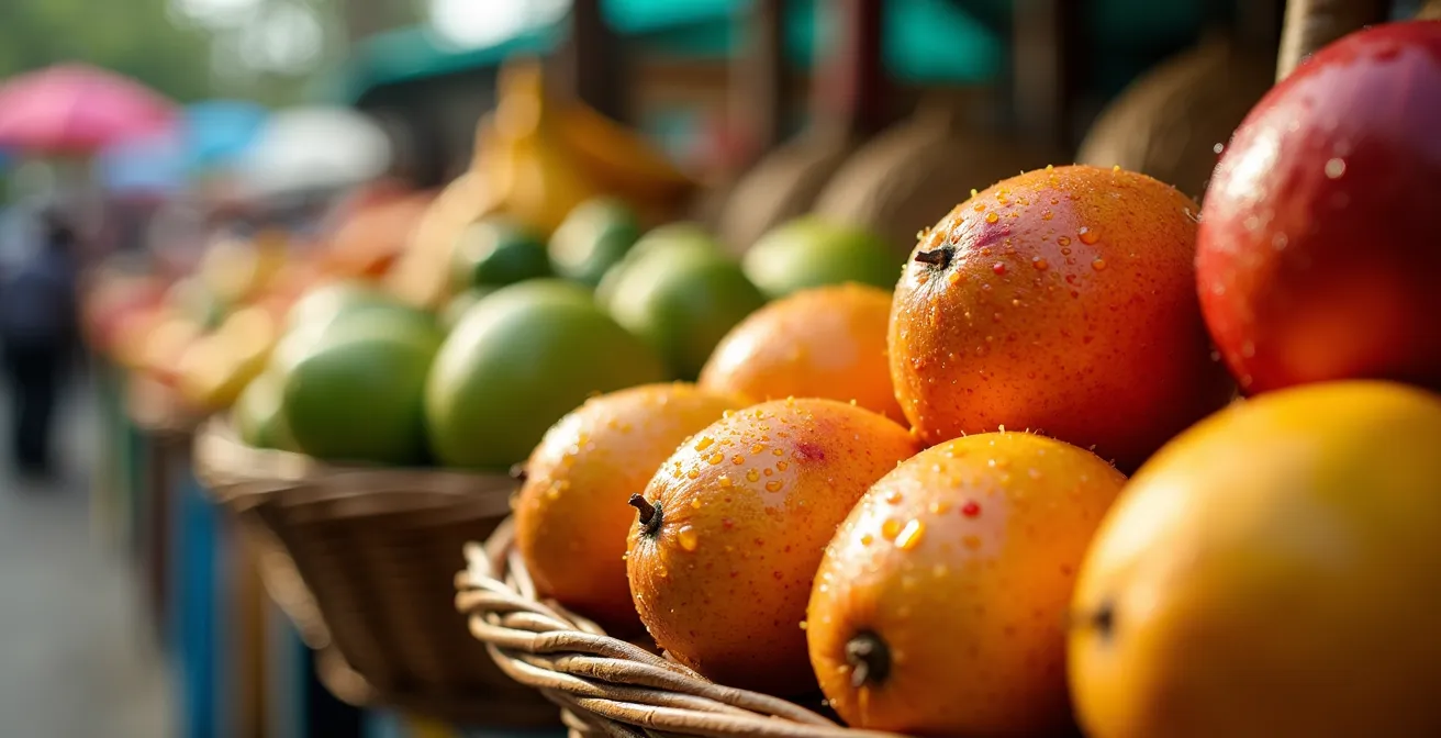Marché forain de Saint-Paul au petit matin avec étals colorés de fruits tropicaux
