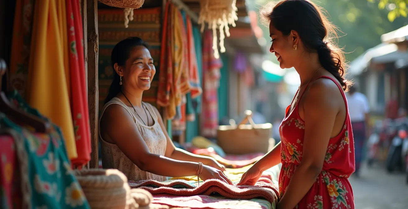 Stand de marché avec tissus colorés et paréos traditionnels exposés