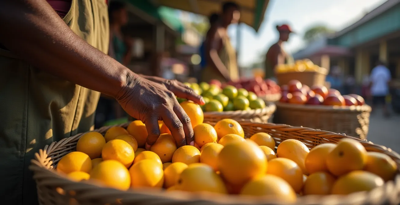 Scène animée du marché forain de Saint-Paul avec ses étals colorés de fruits tropicaux et épices locales