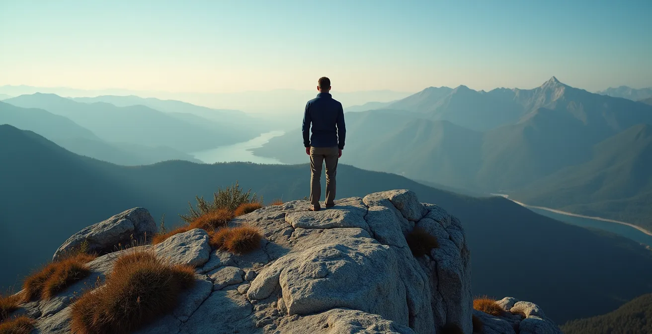 Vue panoramique depuis le Maïdo au lever du soleil avec mer de nuages dans le cirque de Mafate