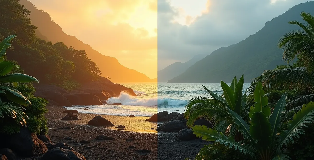 Paysage montrant le contraste climatique de La Réunion avec une moitié ensoleillée et sèche à l'ouest et une moitié brumeuse et verdoyante à l'est