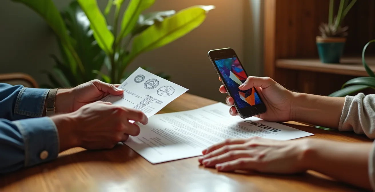 Mains échangeant des documents de location avec carte bancaire et smartphone sur table en bois tropical