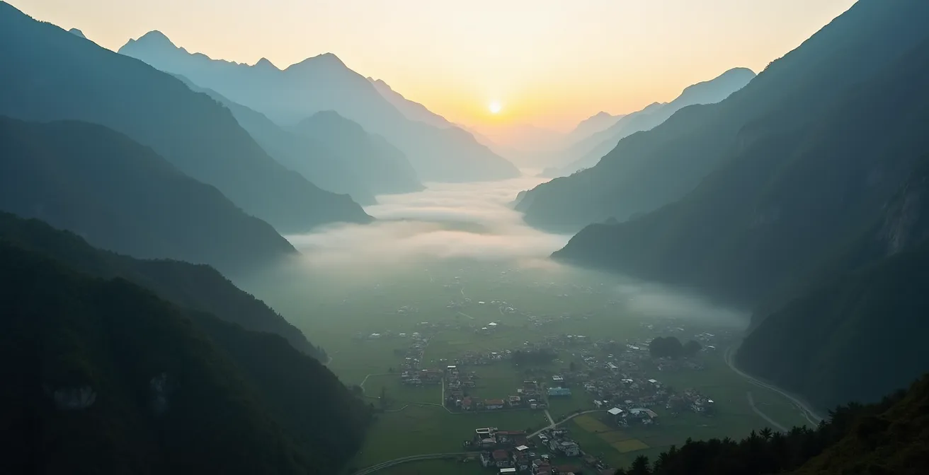 Vue aérienne du cirque de Cilaos montrant le contraste thermique entre les hauts frais et les bas chauds