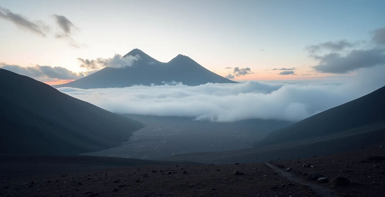Vue panoramique de l'Enclos Fouqué dans la brume matinale avec le Piton de la Fournaise en arrière-plan
