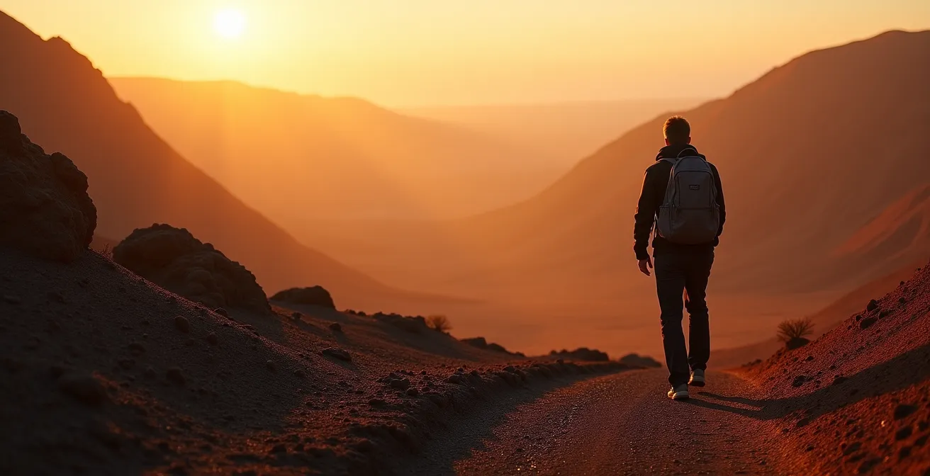 Paysage martien de la Plaine des Sables baigné dans la lumière dorée de l'aube