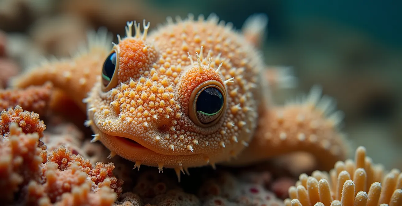 Gros plan macro sur la texture camouflée d'un poisson-pierre sur fond corallien