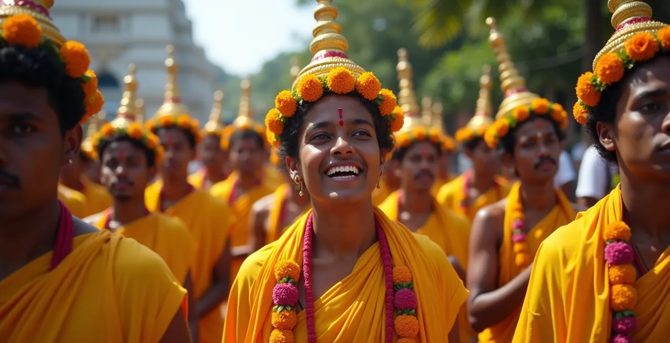 Procession religieuse Cavadee avec fidèles en habits traditionnels jaunes et fuchsias