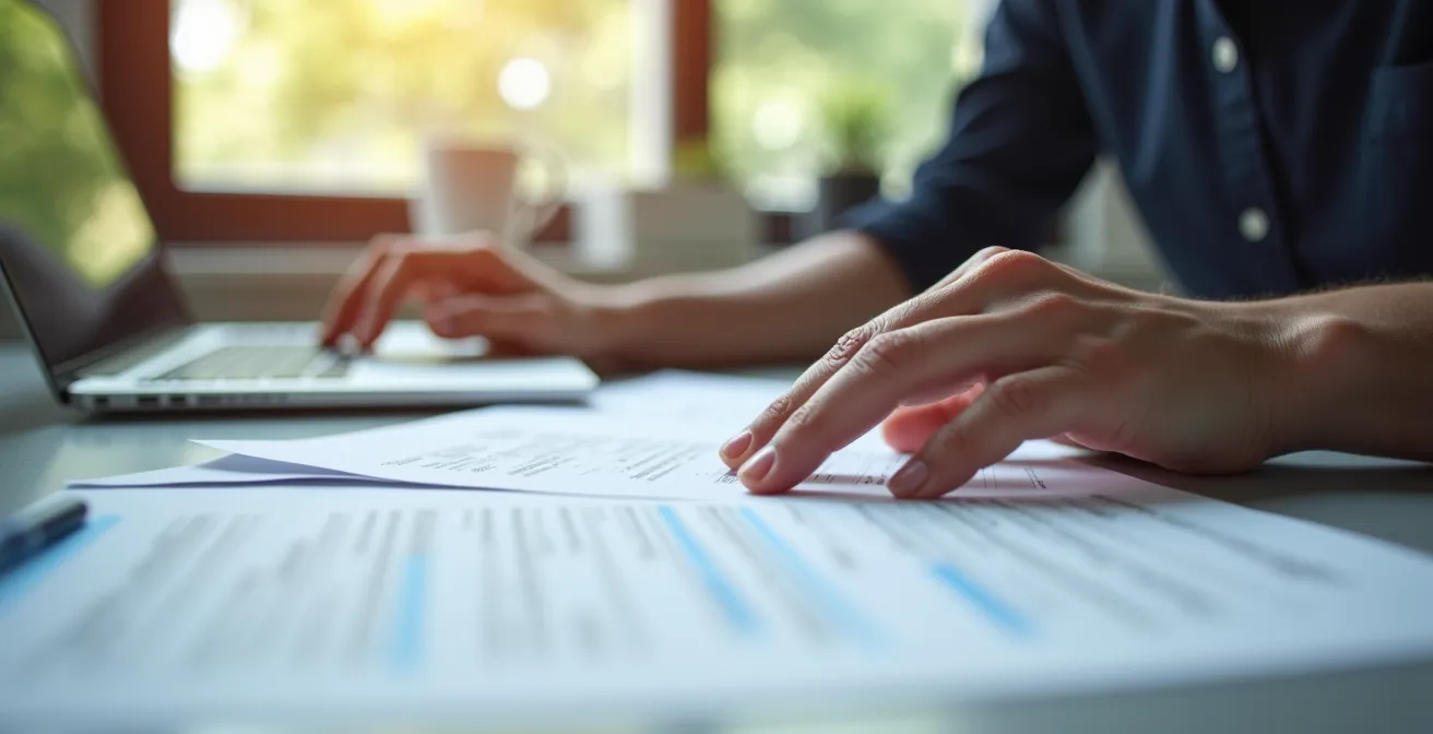 Mains tenant des documents administratifs sur un bureau avec ordinateur en arrière-plan flou