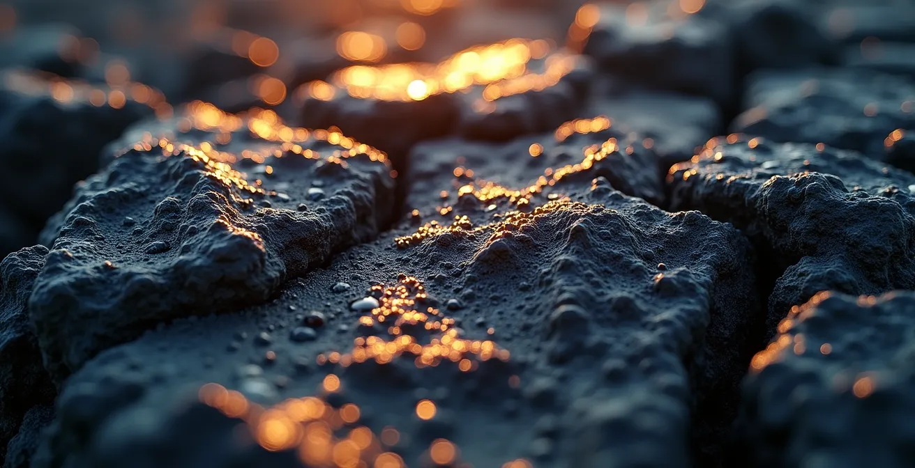 Texture détaillée de roche volcanique avec effet de réverbération lumineuse intense
